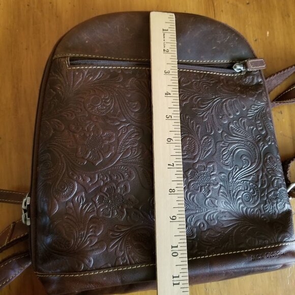 Jack Georges Brown Floral Embossed Leather Backpack Tote Satchel Bag Purse - Picture 6 of 16